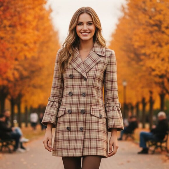 Twill22 Vintage Plaid Ruffle-Sleeve Coat, Size M - Picture 1 of 8